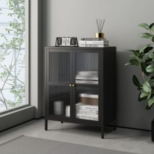 Saky sideboard i stål og glas 84 x 64 x 35 cm - Mat sort/Rillet glas