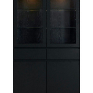 TOYO Vitrineskab med lys i stål, MDF og egetræsfinér H190 x B110 cm - Sort