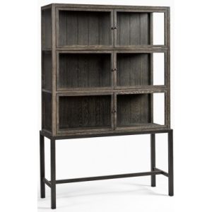 Vitrineskab i egetræ, metal og glas H175 cm - Antik sort/Gråbejset