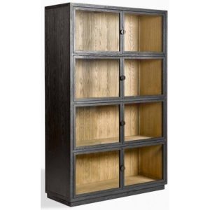 Vitrineskab i egetræ og glas H185 cm - Antik sort/Børstet eg