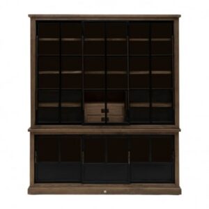 Riviera Maison The Hoxton vitrineskab i stål, glas og genanvendt asktræ H220 x B180 x D45 cm - Antik sort/Brun
