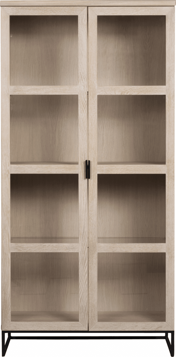 Vitrineskab Rowico Everett i hvidkalket egetræ med sort metalbund H195xB95xD41 cm FSC-certificeret glaslåger softclose