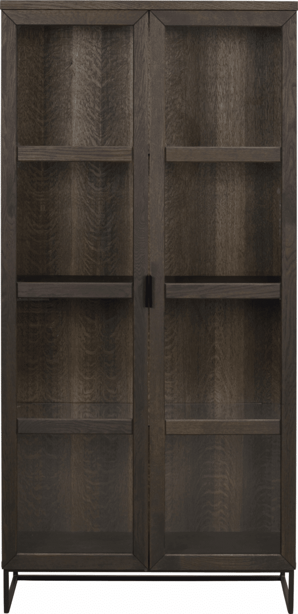 Vitrineskab Rowico Everett udstillingsskab i massiv egetræ & sort pulverlakeret metalstel 195x95x41 cm FSC-certificeret