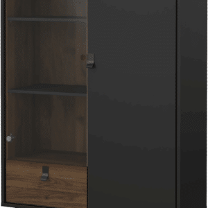 Højskab Vesterholm Askø vitrineskab vægmonteret, 2 døre 1 skuffe, valnød/mat sort, FSC, H162 x B102 x D40 cm