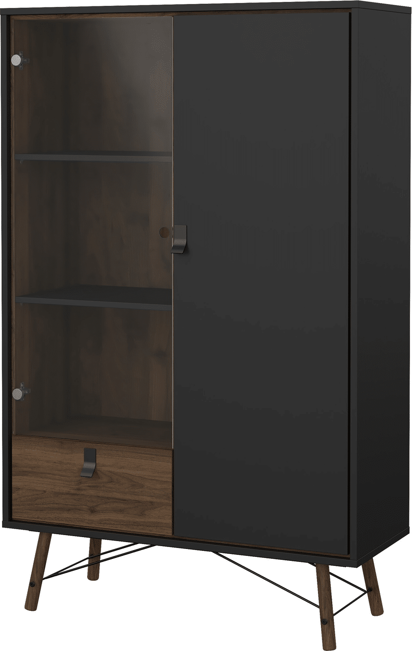 Højskab Vesterholm Askø vitrineskab vægmonteret, 2 døre 1 skuffe, valnød/mat sort, FSC, H162 x B102 x D40 cm