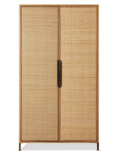 PIONEER Vitrineskab i jern, fyrretræ og rattan H180 cm - Industrielt sort/Rustik natur