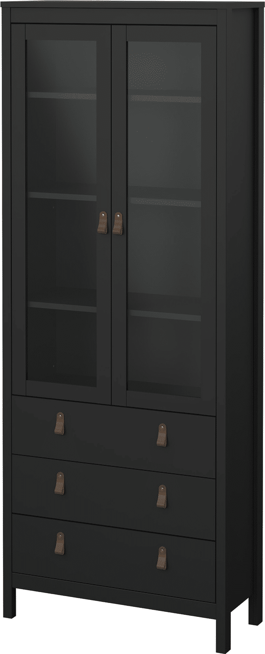 Vitrineskab Vesterholm Lunor, mat sort, væghængt - 2 glaslåger og 3 skuffer, H199xB78xD32,5 cm