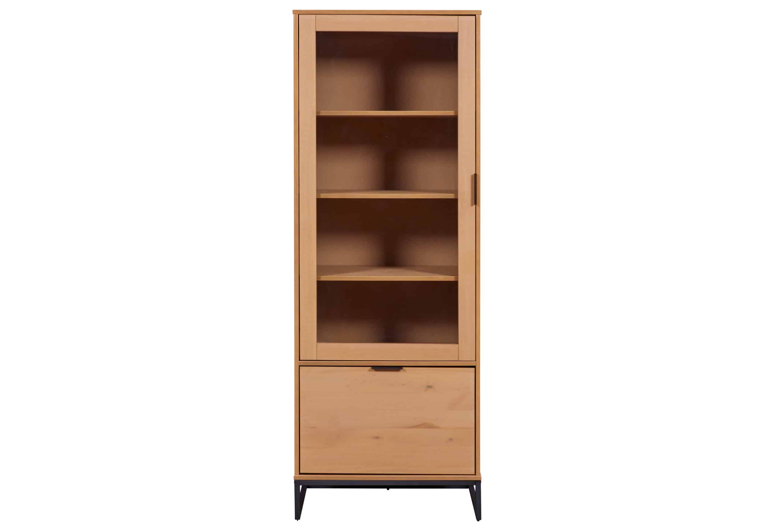 NORDIC LIVING COLLECTION Vivo vitrineskab, m. 1 glaslåge, 1 skuffe, 3 hylder - natur fyrretræ lakeret i Oak Colori og sort metal